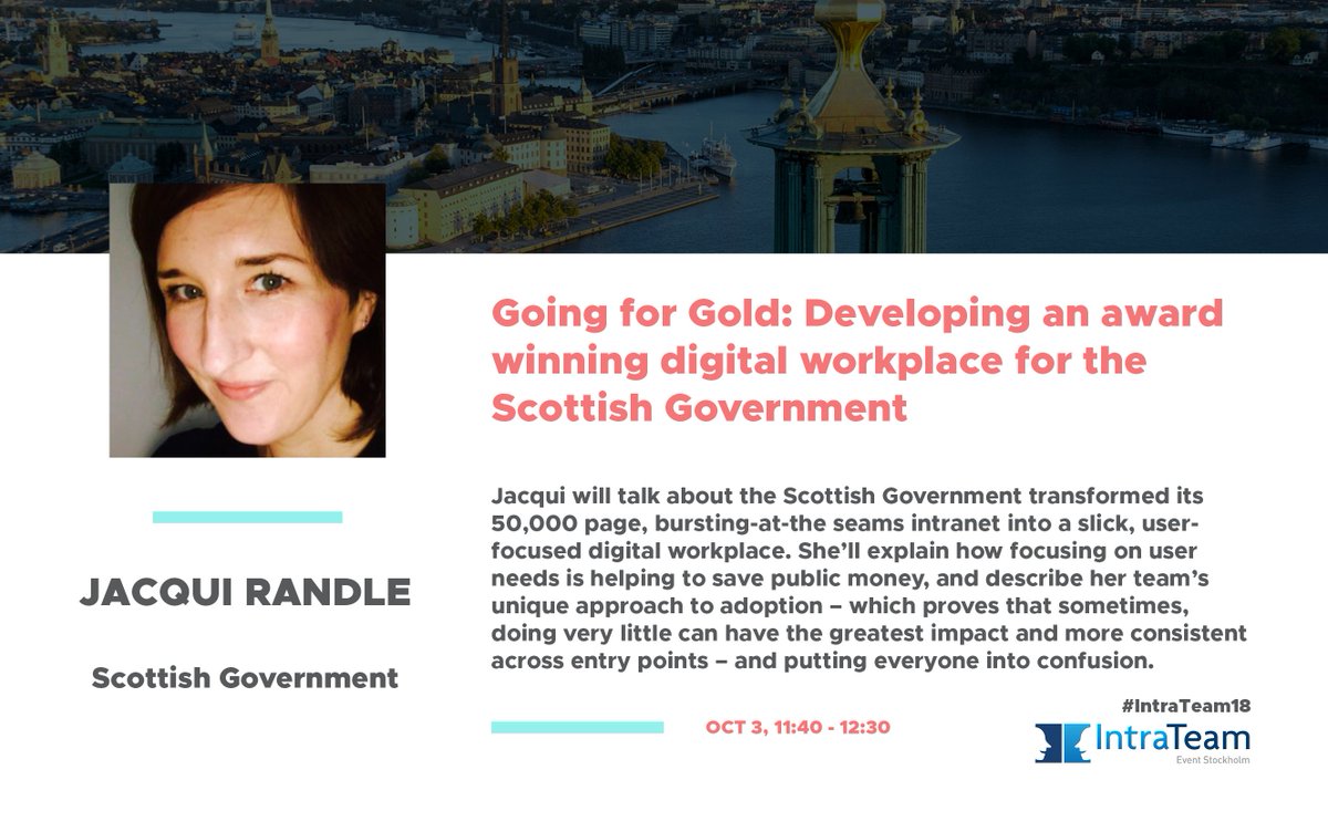 IntraTeam's tweet photo. On October 3 at IntraTeam Event Stockholm, @jacquirandle1 will run a session on "Developing an award winning digital workplace for the Scottish Government": https://t.co/gsXMVeGh4W
Get your ticket now to join: https://t.co/jhbsp12Vf0 #IntraTeam18 https://t.co/lDg1lM21mY