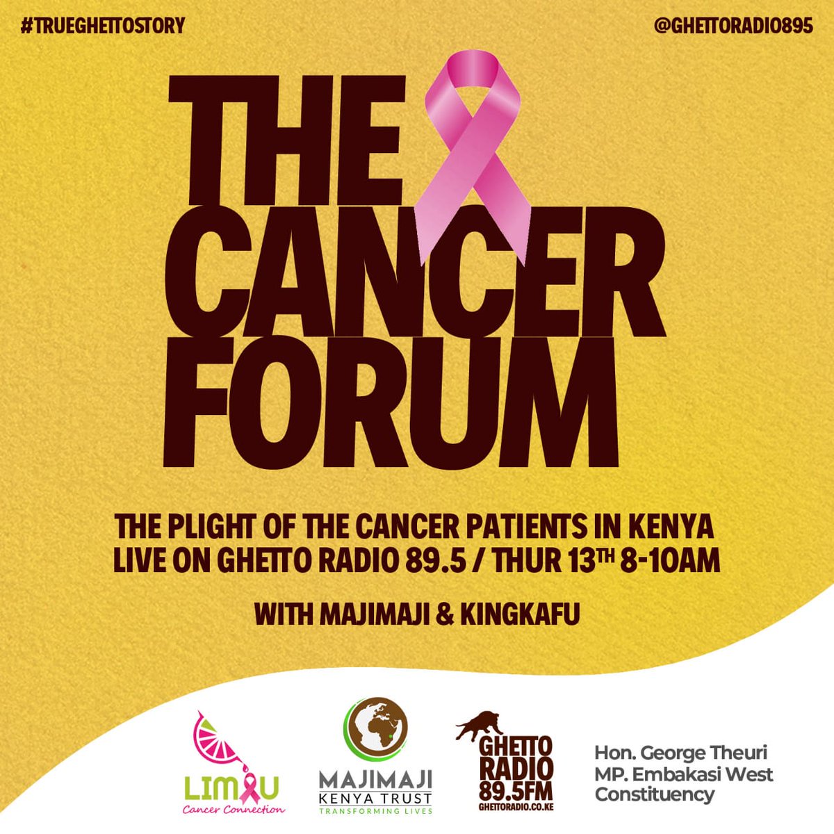 Inviting you to the 1st ever #Cancer Forum & awareness this Saturday. 
Don't miss!! 
cc
@MajimajiKTrust @LimauConnection @GhettoRadio895 #TrueGhettoStory #Brekko #jambokenya #MainaAndKingangi #Breakfast984 Paliament China