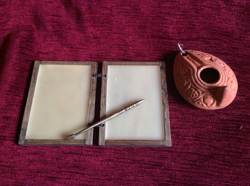 Back to school month. #Roman wax tablet, stylus, and oil lamp to see what you’re scribing. #BackToSchool2018
