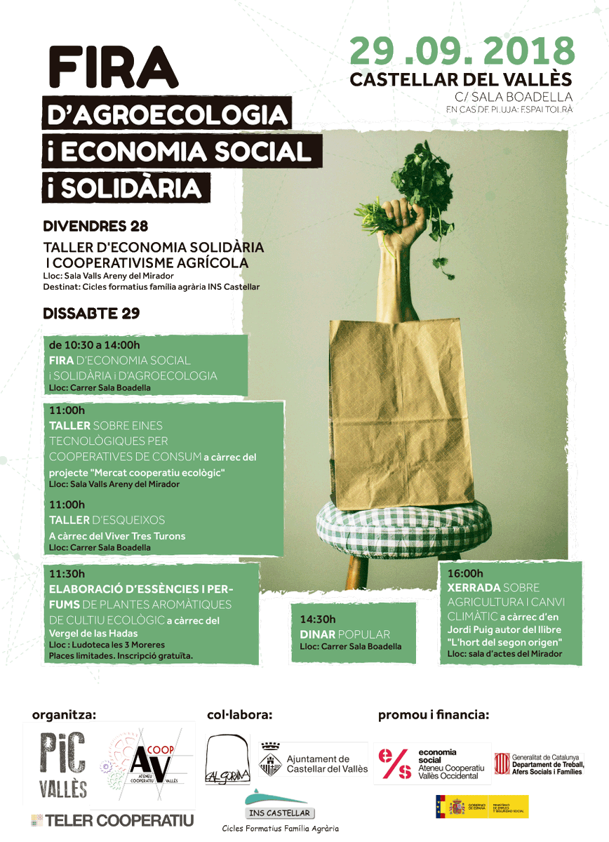 👇🏾Atenció, reserveu data!👇🏾  
🍅Fira d’agroecologia i economia social i solidària🍅  
🗓️29 de setembre 2018  
👉🏾C/ Sala Boadella. Castellar del Vallès
📎ateneucooperatiuvalles.org/xarxa-fira-dag…
