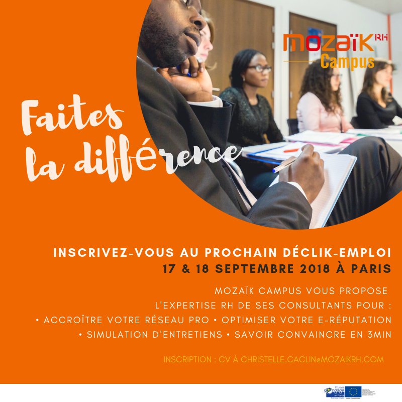 mozaikrh's tweet photo. ⏱ TIC... TAC... BIENTÔT LA CLÔTURE DES INSCRIPTIONS
Vous avez moins de 25 ans et résidez en Ile-de-France ?
Vous êtes à la recherche d’un #CDD ou d'un #CDI ?
👉 Inscrivez-vous au Déclik-Emploi des 17 &amp; 18/09 en envoyant votre CV à christelle.caclin@mozaikrh.com 
Go go go ! 😃 https://t.co/sgfMCSGkF4