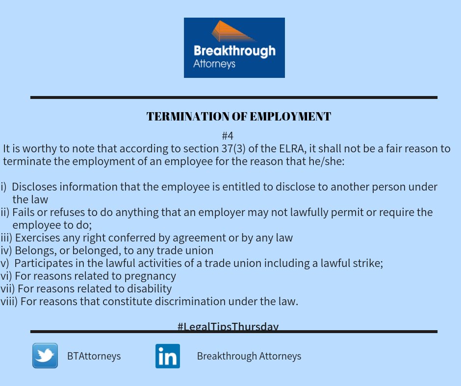 BTAttorneys's tweet image. The Labour Department at Breakthrough Attorneys provides a weekly update on termination of employment in Tanzania. It provides a brief snapshot of the legal grounds for termination and what constitutes unfair termination of employment.
#LegalTipsThursday