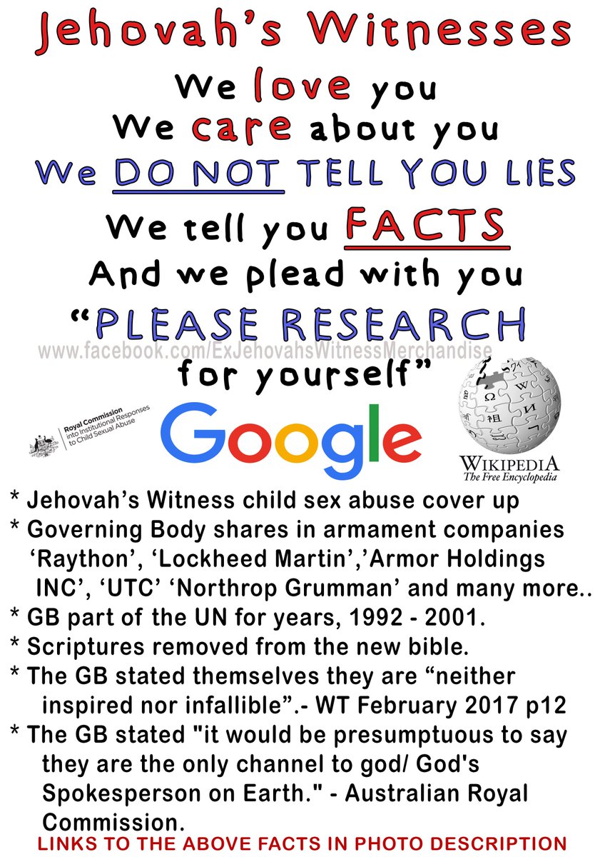 ShaltNotRepent's tweet photo. Here are all the links to the facts listed: https://t.co/InVTJIejlq
#Watchtower #Jw #ExJW #ProtectingChildMolesters #Pedophiles #GeoffreyJackson #AustralianRoyalCommission #GoverningBody #JehovahsWitness #WTBTS #ChildSexAbuse #TwoWitnessRule #KingdomHall #TheTruthAboutTheTruth https://t.co/Jp0P5Tyszl