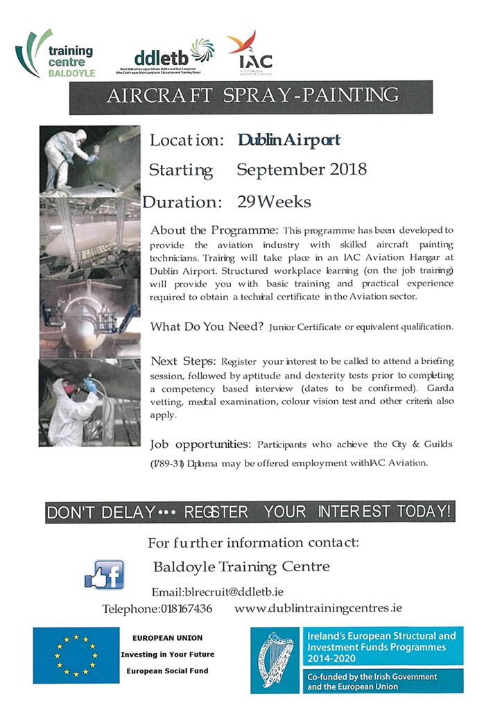 BaldoyleTC's tweet photo. Aircraft Spray-Painting due to start in @DublinAirport in September. Register your interest at https://t.co/lPwmlCiFva #aircraftspraypainting #trainingforyourfuture #baldoyletrainingcentre ✈️ https://t.co/F4IrzzB1gA