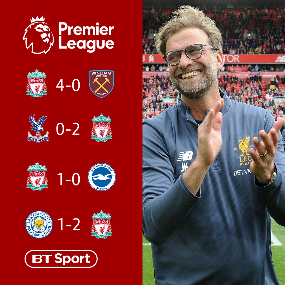btsportscore's tweet photo. 4-0 🆚 West Ham
2-0 🆚 Crystal Palace
1-0 🆚 Brighton
2-1 🆚 Leicester

For the first time in Premier League history, Liverpool have won their opening four games of the season 👏 #BTSportScore https://t.co/xJsiSEmX8F