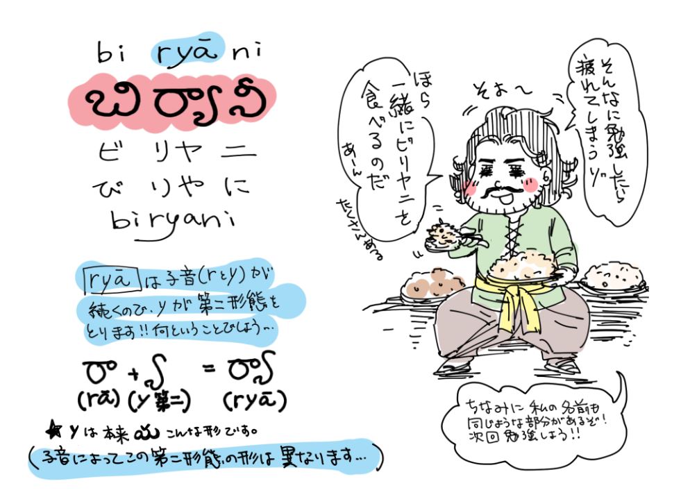 hnk_tky's tweet photo. さて今日は「ビリヤニ」と書いてみましょう!
「ビリヤニ」は子音が重なる部分があるのですが、そこでは跡にくる子音が変形します!ガシャーン!ズギューン!
…一度に全部覚えるのは無理なので、今回はキングプラバースの大好物ビリヤニに出てくる文字を覚えましょう。
#TeluguLearning
#Baahubali https://t.co/Y3iaSYgemJ