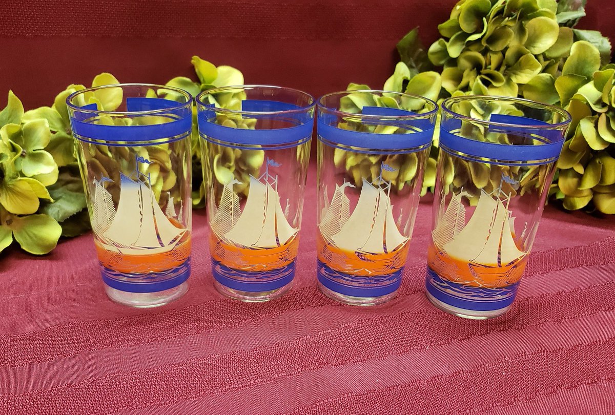 1960s NAUTICAL Sailing Ships Glasses, Mid Century, Sailboat Swanky Swigs, 4/Set, 8 oz. Beverage, Kitchen Bar, Red White Blue TV Movie Prop etsy.me/2LMOt31 #AmazingFunVintage #Etsy #JuiceGlasses