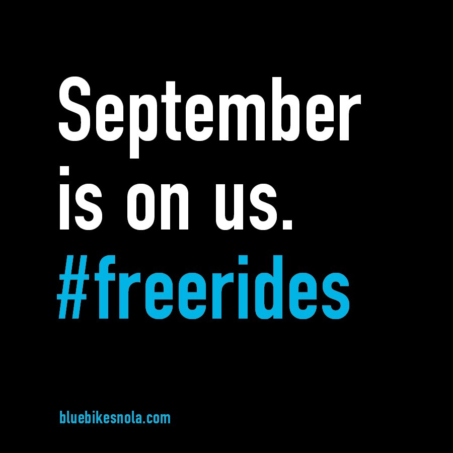 BlueBikesNOLA's tweet photo. It's here - Locals September a.k.a #BlueDat Month! Enjoy an hour of ride time every day of the month. On us. It's our way of giving back to the city we love. Visit https://t.co/thL59GxHXd to learn how to start riding! https://t.co/CthejUggjJ