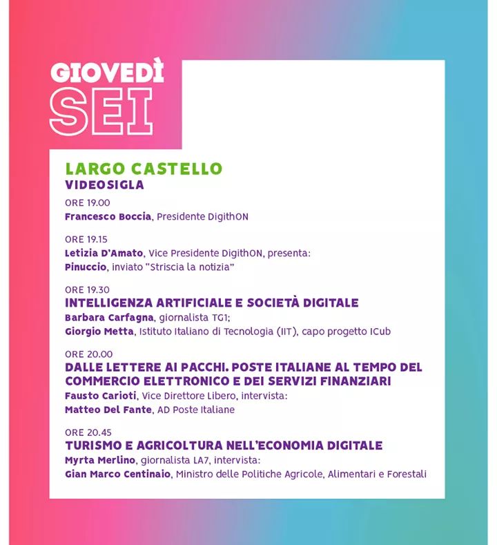 digith_on's tweet photo. Il programma della prima giornata di #Digithon, la maratona delle #ideedigitali 
#Bisceglie #6settembre #startup #innovation #startuppers #followus  #Digithon2018 #Puglia 
https://t.co/jI3NEmMECE @F_Boccia @Pinucciosono @giamma71 @LetiziaDAmato @barbaracarfagna @PosteNews https://t.co/L3ybz2eFxs