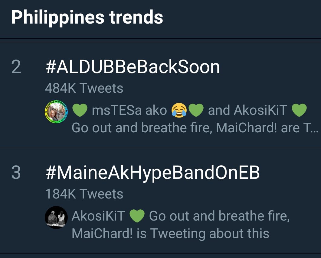 Still trending at 2nd &amp; 3rd spots

#ALDUBBeBackSoon
#MaineAkHypeBandOnEB