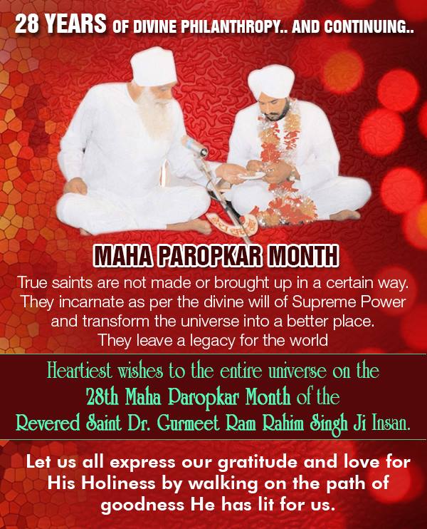 DrMSGfc's tweet photo. Wish you all a very happy #MahaParopkarMonth 
#GuruGaddiMonthOfStMSG 😊
धन धन सतगुरु तेरा ही आसरा  @derasachasauda @Gurmeetramrahim https://t.co/xheASK8oaS