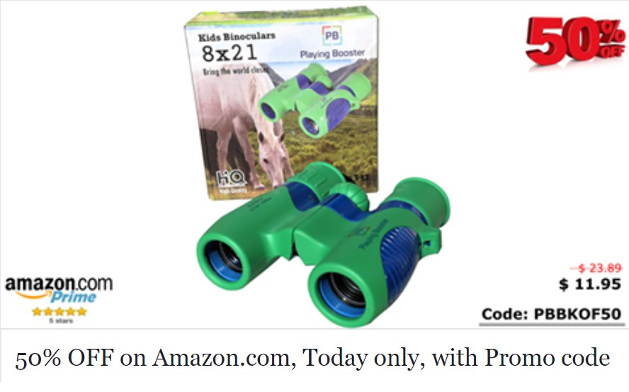 playingbooster's tweet image. Dear Friends,
***Saturday special offer*** get 50% OFF:
You can also share it with your friends, family, neighbours:

Insert the code "PBBKOF50" at Checkout on Amazon.com  ↘　

Get 50% OFF, on our Top-rated  🔝 and Best-selling  🎖:
☀ Binoculars for Kids 8x21  ☀