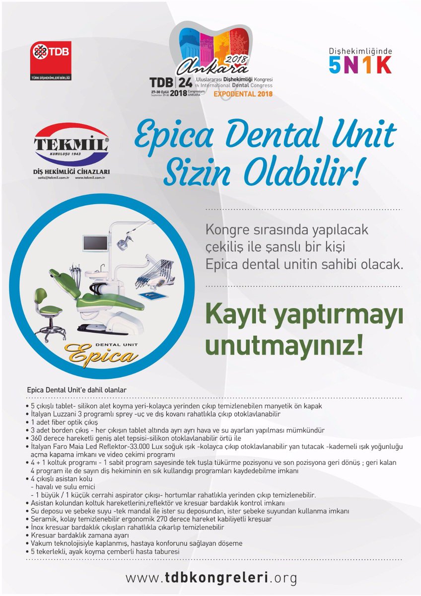 tdb2018ankara's tweet photo. Epica Dental Unit sizin olabilir! Kayıt yaptırmayı unutmayınız!
#tdb2018 #tdb24 #tdbexpodental #türkdişhekimleribirliği #ankara #eylül #dişhekimliği #dişhekimi https://t.co/4i0w3XpcuW
