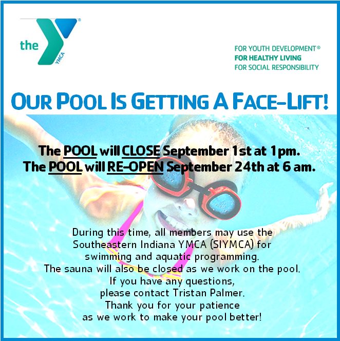 DCFYMCA's tweet image. Our pool is getting a Facelift and will be closed beginning Saturday, September 1st at 1pm through Sunday, September 23rd at 6pm.  Please feel free to use the @SIYMCA  for all your Aquatics needs during this time.  Thanks for your patience!
#dcfymca #poolfacelift #siymca