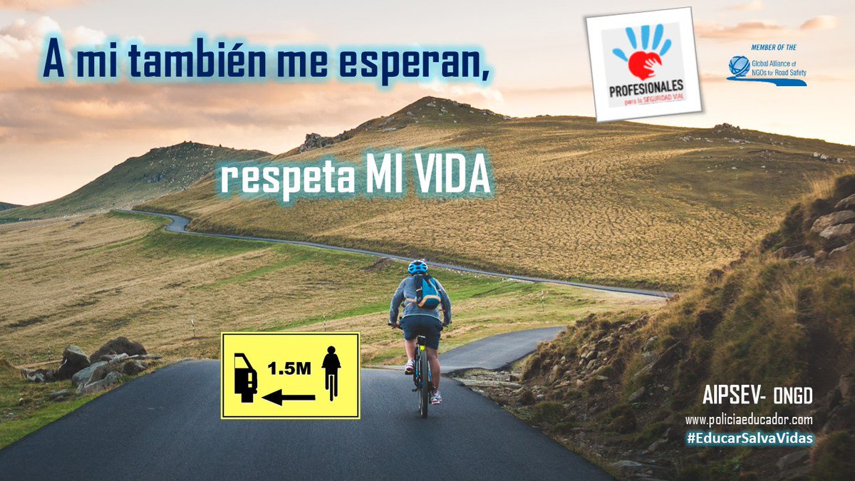 Metro y medio: esa es la distancia mínima que debe haber entre un ciclista y un vehículo que lo sobrepasa; en metro y medio cabe una vida, toda la vida.
#EducarSalvaVidas #AIPSEV #SegurdadVial #RoadSafety
<a href="/RoadSafetyNGOs/">Road Safety Alliance</a> <a href="/DGTes/">Dir. Gral. Tráfico</a> <a href="/FMobjetivocero/">Fundación Mapfre - Objetivo Cero</a> <a href="/ciudadciclista/">CiudadCiclista</a> <a href="/ciclistacofidis/">Cofidis Likes Ciclismo</a>