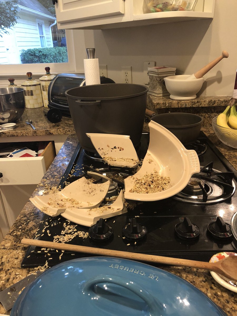 jaybalsa's tweet photo. Well this happened tonight 😭😭😭 @lecreuset any chance you sell base (separate) to my favorite casserole dish?? It exploded on my stove top 😂 #lecreuset #cookingfails https://t.co/nAGdrOVt7f