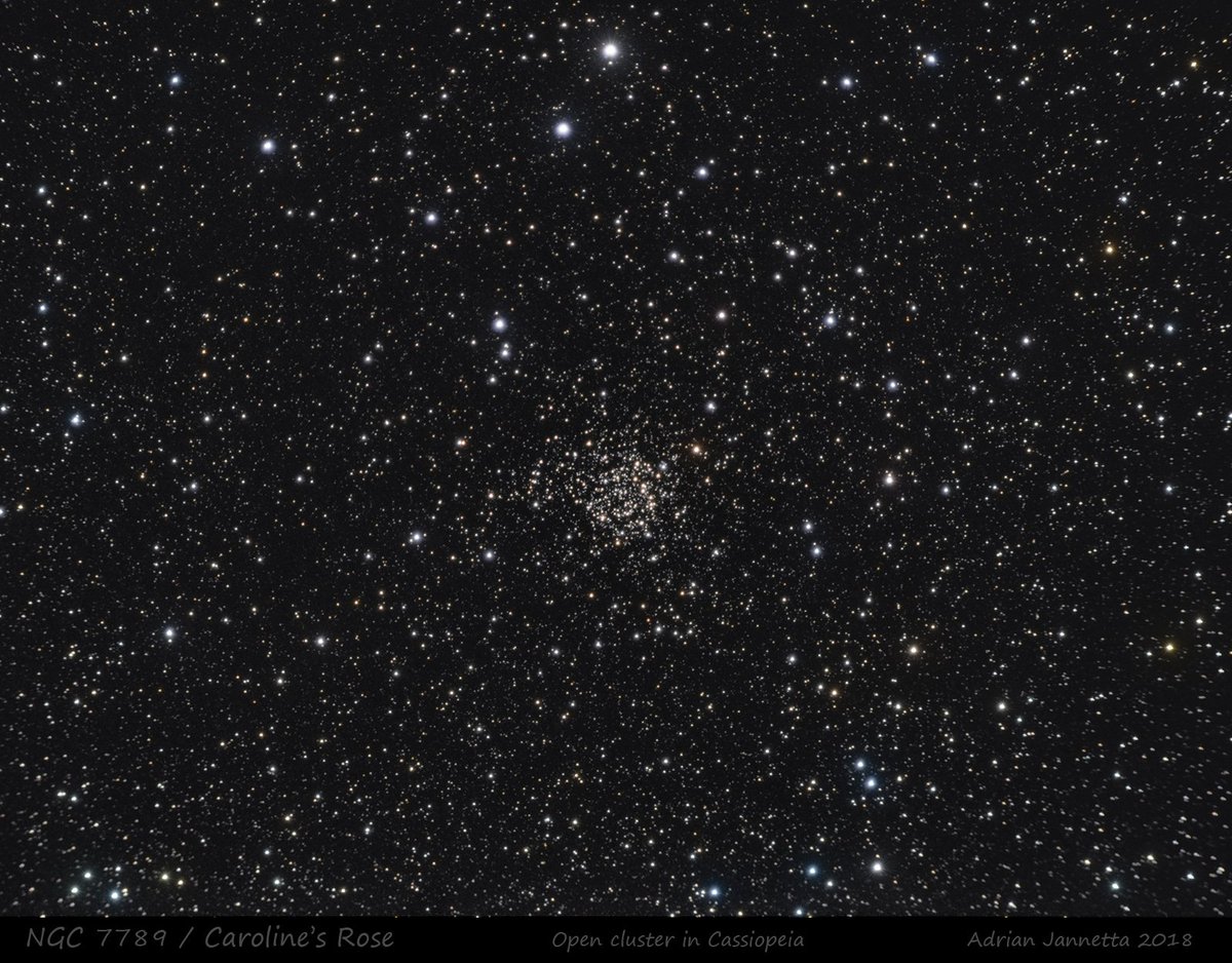 This is one of those gems of the northern sky that everyone should see through a telescope! NGC 7789 was discovered by Caroline Herschel in 1783 and is known as Caroline's Rose. Image: Nikon D90, ISO800, 26x2mins, Skywatcher 80mm refractor. #Astronomy #Northumberland