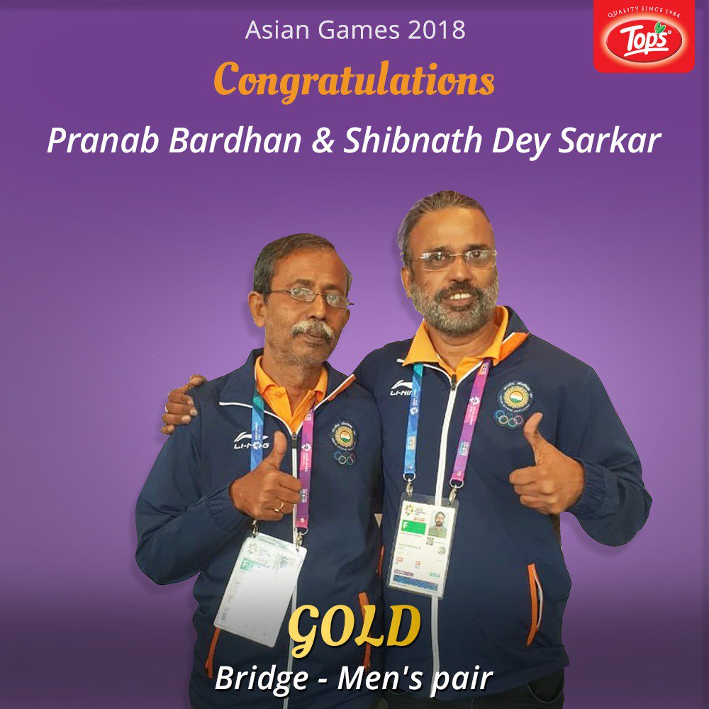 TopsSocial's tweet photo. Heartiest congratulations to the Men’s team consisting of 60yr old #PranabBardhan & 56yr old #ShibnathSarkar for bringing home another Gold in the debut sport of #Bridge at the #AsianGames
#IndiaIsProud #TopsIndia #TeamIndia #EnergyOfAsia #Jakarta #Palembang #ManyMoreToCome https://t.co/AoAyquCwHe