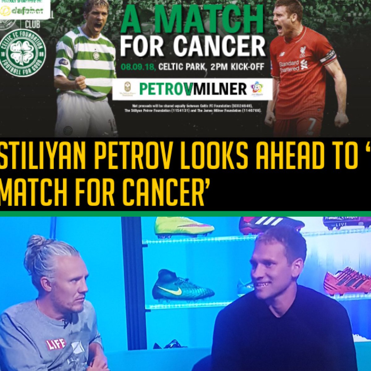 OfficialGianni's tweet photo. Great to see ⁦@StanPetrov19⁩ on ⁦@SoccerAM⁩ #proud Make sure to go support ⁦#Celtic @FoundationCFC⁩ and their endless work in a match for cancer 8/9/18 #PetrovMilner . #TwoGentlemen #Coybig ⁦@CelticFC⁩ https://t.co/6F8x7GG0Jx