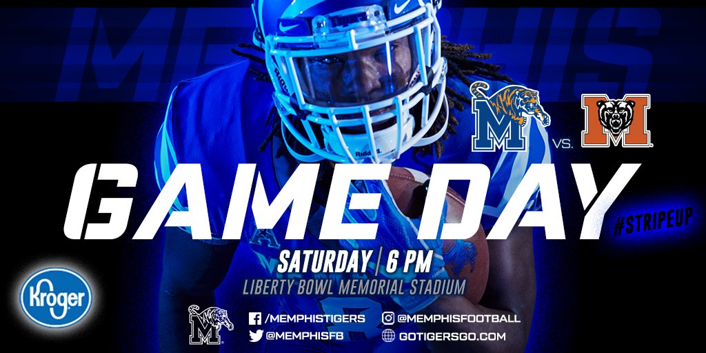 MemphisFB's tweet photo. The time has come Tiger Fans....it is GAME DAY!
🆚 Mercer
📍Memphis, TN
🕕6 PM
📺 ESPN3
📈https://t.co/Mn62IWkCh4
📰https://t.co/Vg3bVKWcyR

#GoTigersGo #StripeUp #GameDay https://t.co/fWsfXDREyg