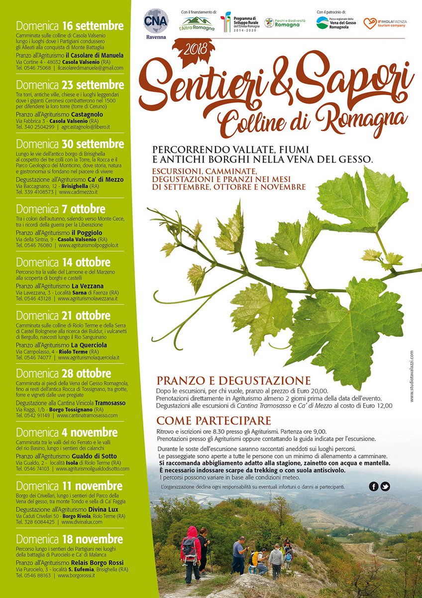 Percorrendo vallate, fiumi e antichi borghi nella vena del gesso romagnola.
A partire dal 16 settembre fino al 18 novembre, escursioni, camminate, pranzi e degustazioni! Sentieri e sapori... benvenuti nelle colline di Romagna!
#destinazioneromagna #trekking #natura