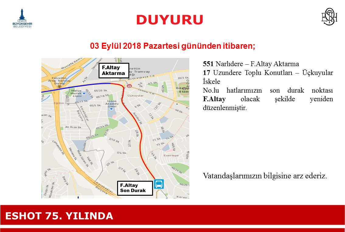 izmirsehirici's tweet photo. 551 Narlıdere – F.Altay Aktarma
17 Uzundere Toplu Konutları – Üçkuyular İskele Nolu hatlarımızın son durak noktası F.Altay olacak şekilde yeniden düzenlenmiştir.
#narlidere #faltay #uckuyular https://t.co/e5lQbmrb0f
