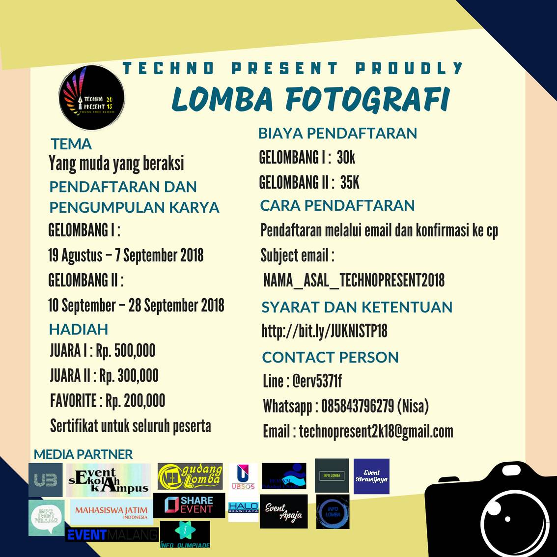 Gudang_Lomba's tweet photo. LOMBA FOTOGRAFI 2018
Syarat bisa cek di :
//bit.ly/JUKNISTP18
line: @erv5371f
WA : 085843796279 (Nisa)
Instagram: @technopresent2018
#tp2k18 #technopresent #lombafotografi2018 #eventmalang #infolomba #lombamalang #eventjatim #lombafotografiberhadiah
#GudangLomba
By : Chintya https://t.co/JzIhTXRQuT