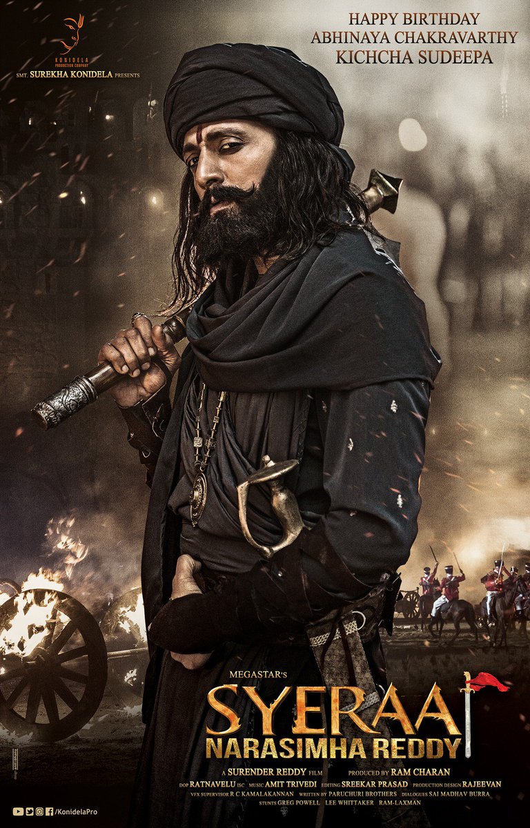 Wishing our very own Abhinaya Chakravarthy <a href="/KicchaSudeep/">Kichcha Sudeepa</a> a very Happy Birthday in advance. Here's the dynamic look of #AvukuRaju from #SyeRaaNarasimhaReddy

#HBDKichchaSudeep #KichchaSudeepaFL #SyeRaa #Chiranjeevi <a href="/DirSurender/">SurenderReddy</a>  <a href="/ItsAmitTrivedi/">Amit Trivedi</a> <a href="/RathnaveluDop/">Rathnavelu ISC</a> #RamCharan