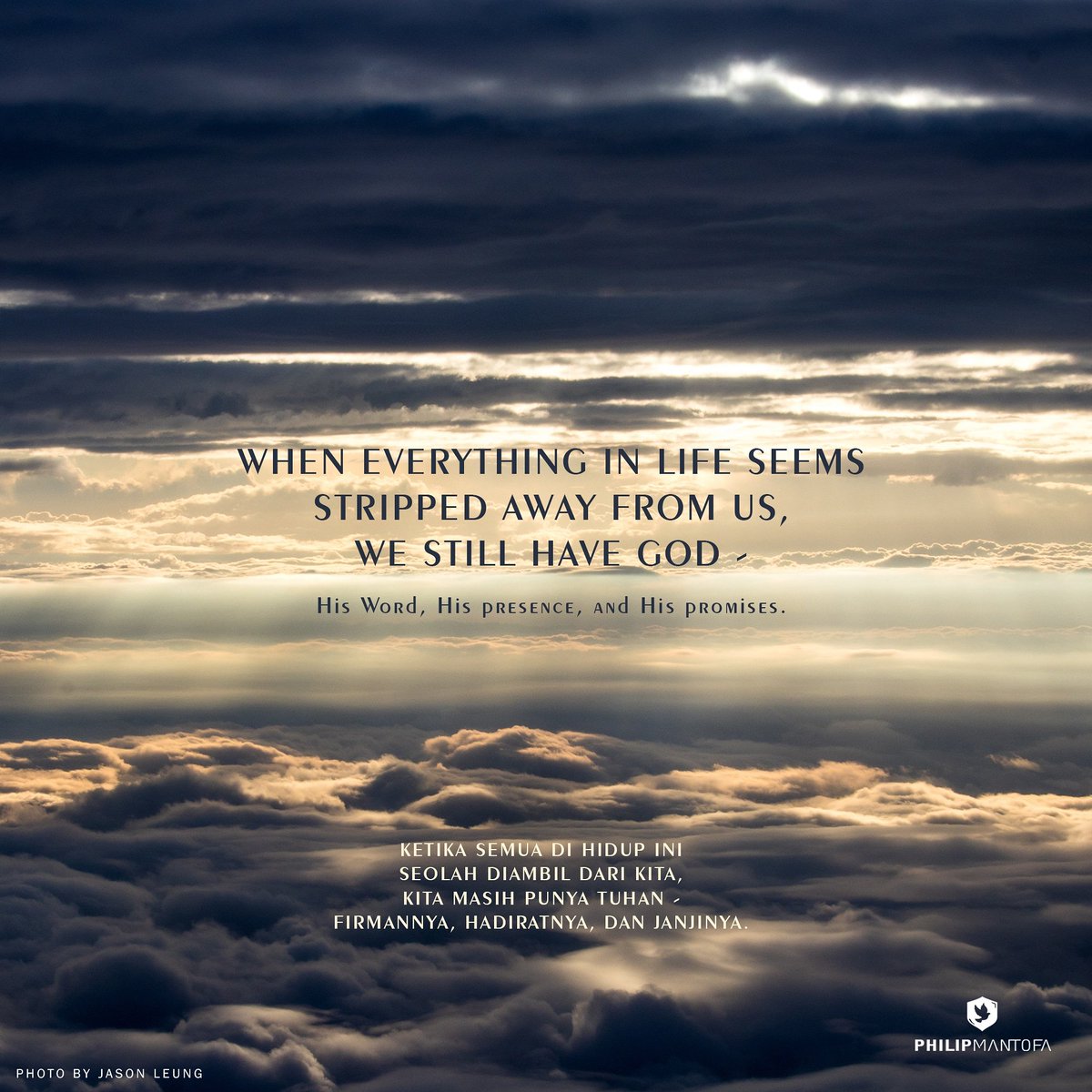 Ketika semua di hidup ini seolah diambil dari kita, kita masih punya Tuhan - firmanNya, hadiratNya, dan janjiNya.

#amsalkehidupan
#proverbsforliving