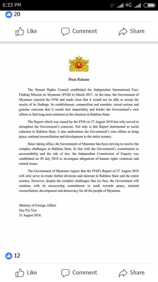 Myanmar ministry of foreign affairs press release on Rakhine issue.Myanmar government try to tackle on this issue.