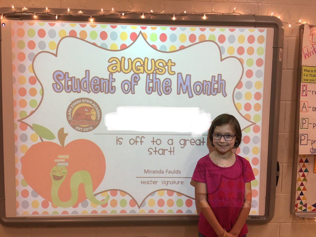 MrsFauldsRm217's tweet photo. Congratulations to my little student of the month. She knows her 12 expectations and she works so hard to meet them each day. #RedHawkOfTheMonth #LoveHer #MyClassReallyRocks @ClarkCreekSTEM @CherokeeSchools https://t.co/J7UBGHt9GM