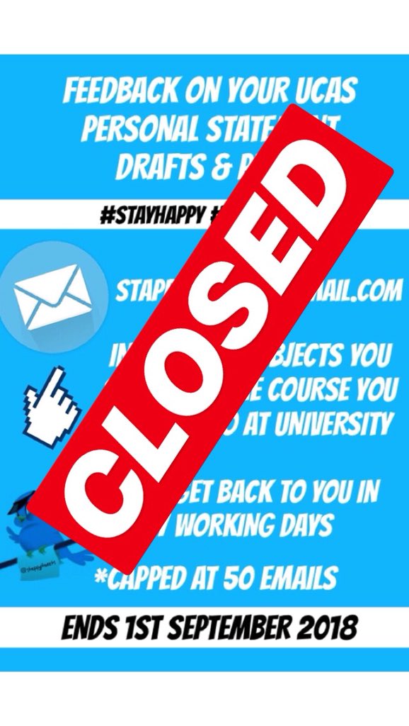 stappytweets's tweet photo. ⚠️ ⚠️ We are no longer reading personal statements. Thank you to each and every one of you for sending them in. We really enjoyed reading them and giving feedback! GOOD LUCK #StayHappy #StudyHappy #UCAS 🤗 https://t.co/BPSMCtr0vv