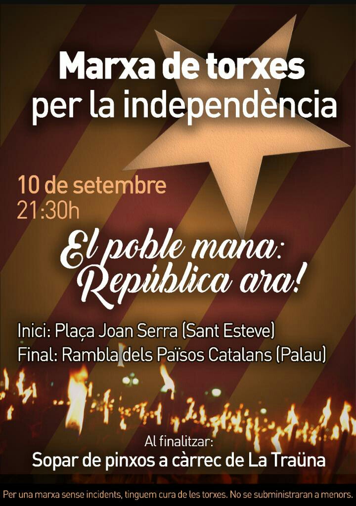 La nit del 10 de setembre encendrem les torxes! I en acabar sopar de pintxos a càrrec de <a href="/latrauna/">La Traüna</a> 

🔥El poble mana: República ara!🔥