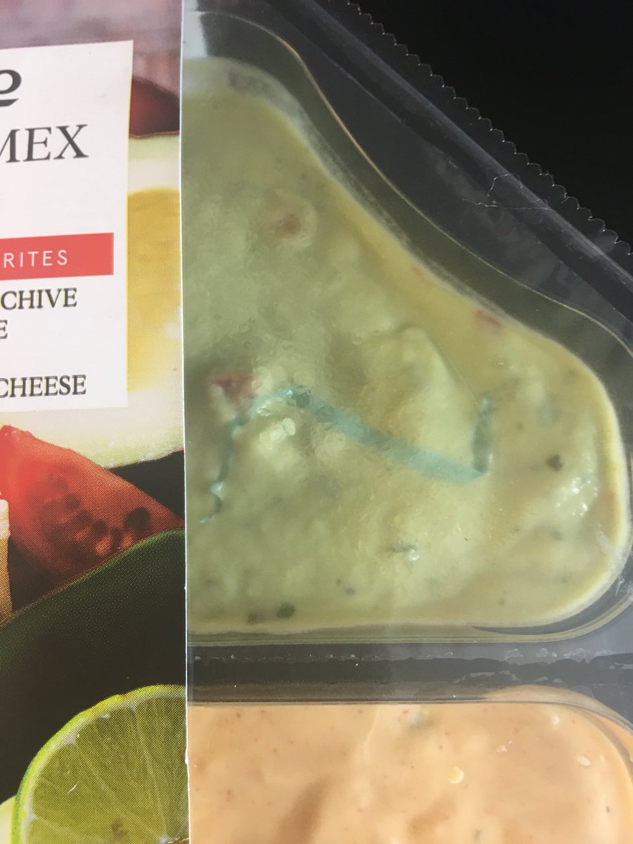 JaqParker84's tweet photo. @Tesco so these dips were brought by my mother in law for my bday gathering. Totally unimpressed to see blue plastic clear as day in the guacamole! This is a dip, someone could of choked had they of scooped that up! #badqualitycontrol #tesco #chokinghazard https://t.co/6GfII1PIle