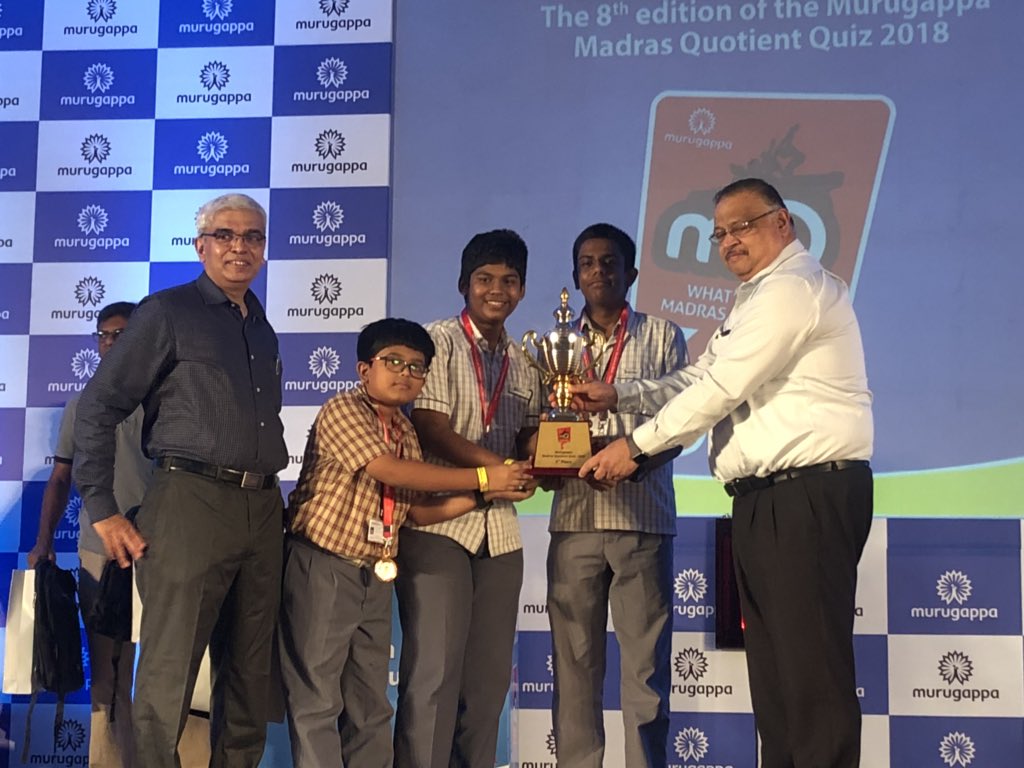 Murugappa_Group's tweet photo. Coming in a close third we have Ashwin, Suraj and Sudip from Bhavan’s Rajaji Vidyashram, the 2nd runners-up at the 8th edition of #MMQ2018! #MadrasWeek https://t.co/1PWrNRNfik