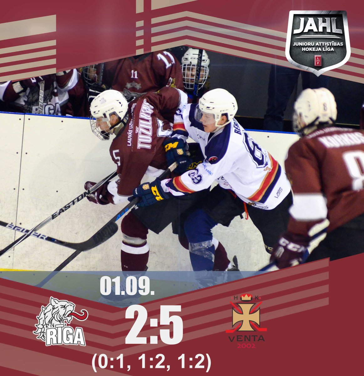 hsrigahockey's tweet photo. Sestdien, 1. septembrī otrajā "Jaunatnes attīstības hokeja līgas" spēlē #hsriga2002 ar 2:5 atzīst HK "Venta 2002" pārākumu. Vārtus rīdzinieku labā guva Roberts Tužilkins un Raimonds Mikus Vītoliņš. #hsriga #vienakomanda #lauvāsuzvarasspēks #JAHL 
https://t.co/QTK3I4qEgF https://t.co/aknOtmjHM5