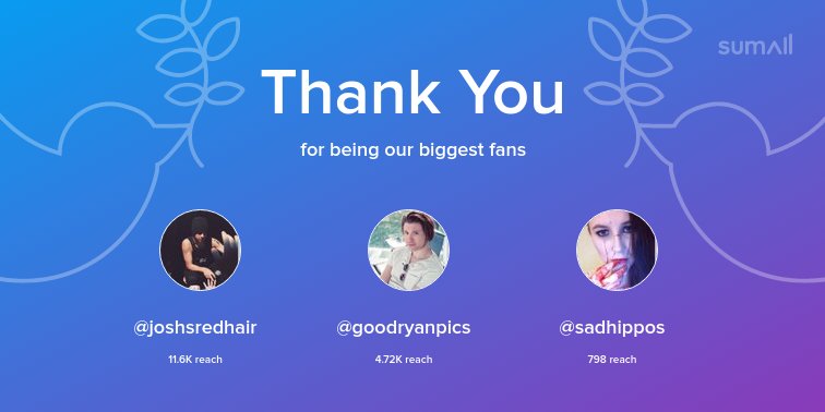 Our biggest fans this week: @joshsredhair, @goodryanpics, @sadhippos. Thank you! via sumall.com/thankyou?utm_s…