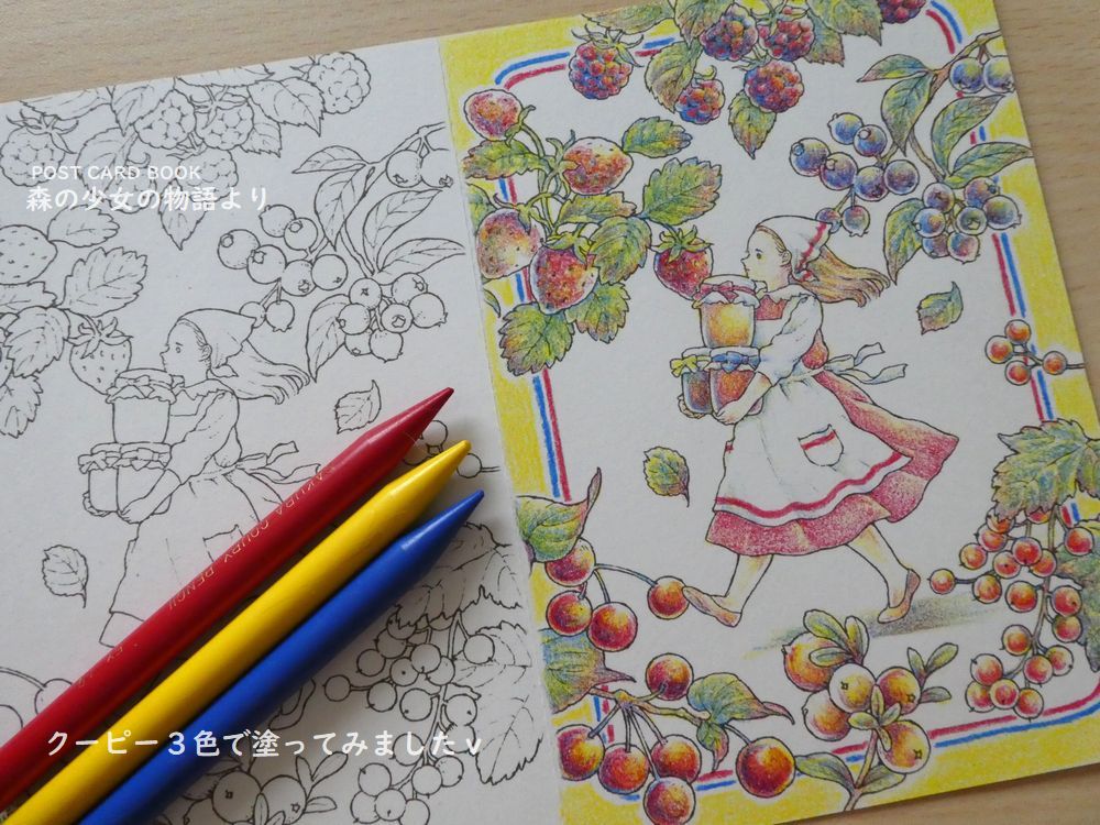 お福助 大人の塗り絵専門 クーピーペンシルの赤 青 黄の３本のみで塗ってみた ３色塗り のページが塗りあがりました W 大人の塗り絵 森の少女の物語 クーピー ３色塗り T Co Wy6k1hxawx Twitter