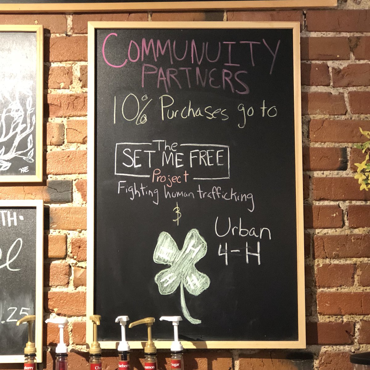 Our #CommunityPartners this month are The Set Me Free Project and Urban 4-H! Make a difference for local nonprofits with every coffee bar purchase! #mostgenerouscup #coffeewithacause