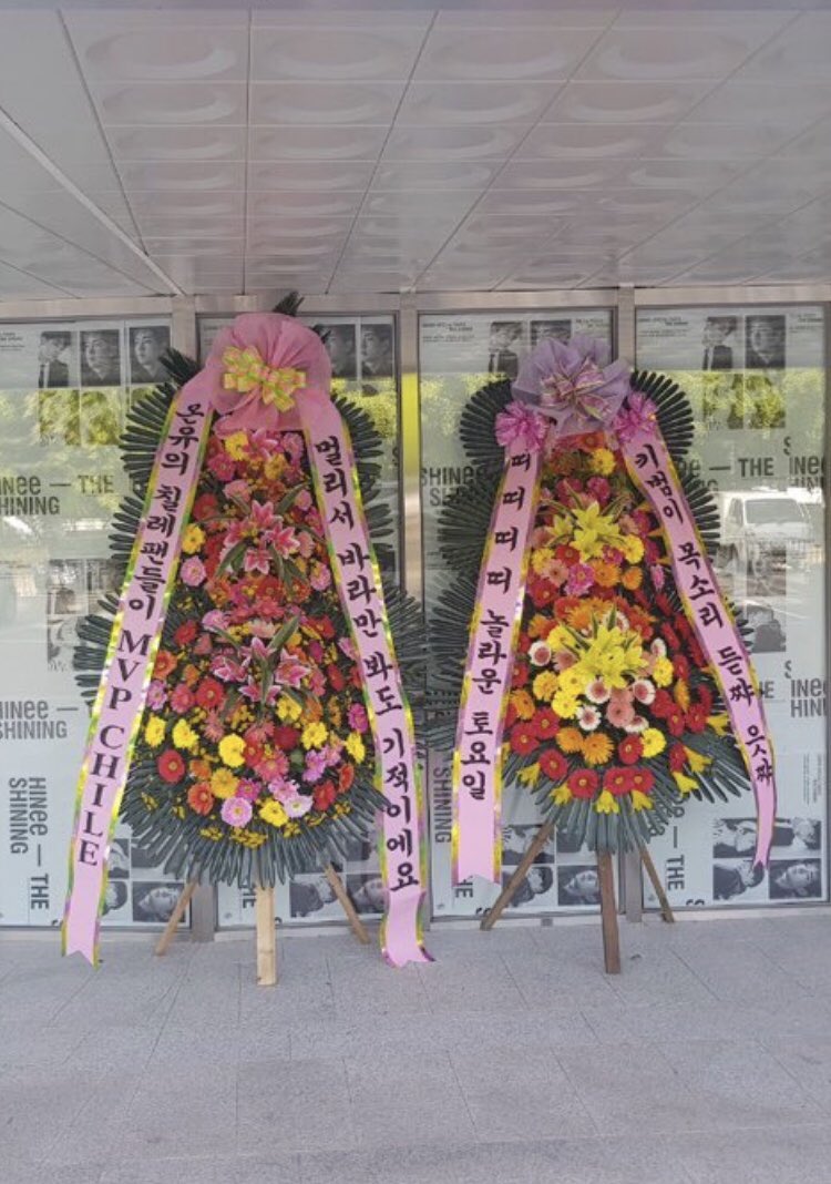 MVPChile's tweet photo. Debido al tiempo disponible, nuestro fansupport fue una Corona de Flores. El mensaje fue en respuesta al de Onew quién se refirió a encontrarse con la fans como un milagro. Es por eso que el nuestro fue “A pesar de que sólo te podamos ver desde la distancia, es un milagro” ❤️ https://t.co/COtnrDt05a