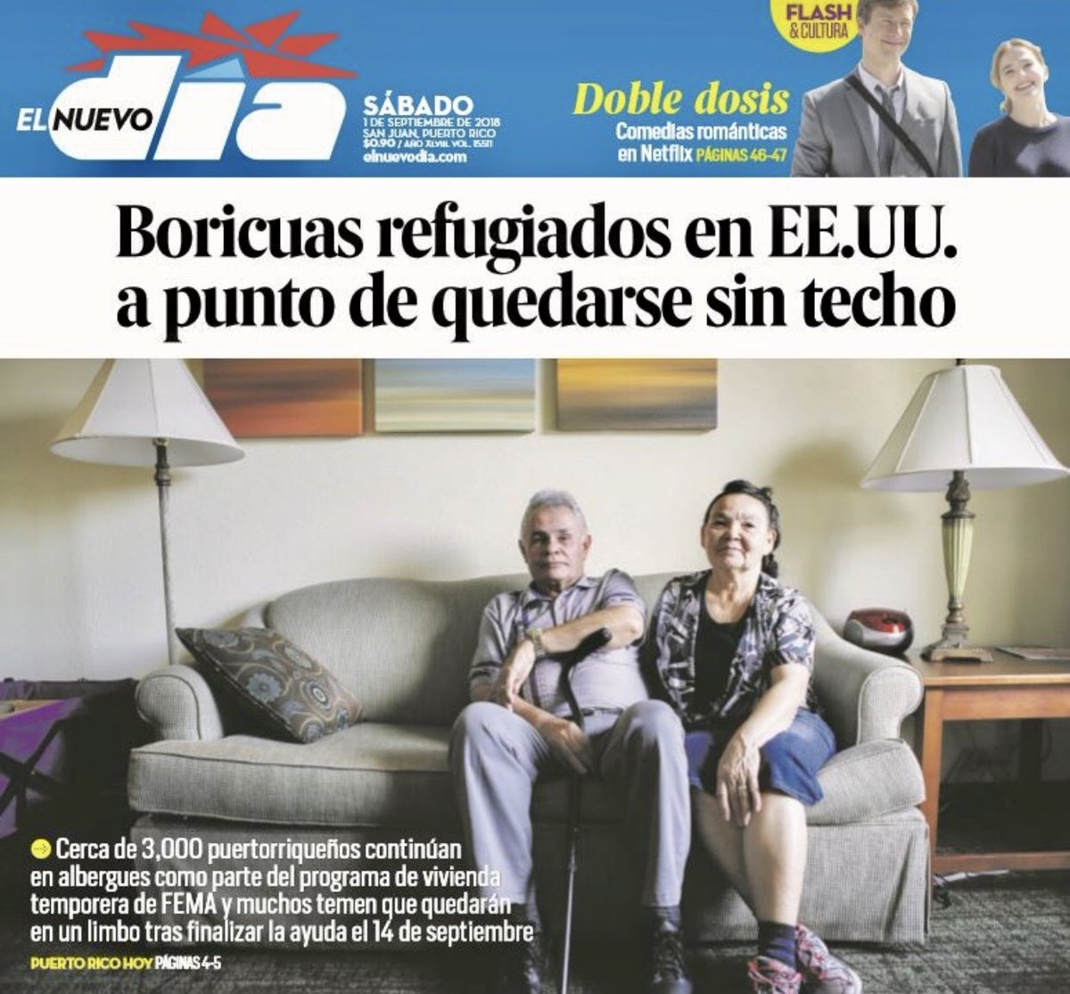 CarmenYulinCruz's tweet photo. PR’s Resident Commissioner says Trump has been generous to PR. Headline today: PR displaced after Maria may go homeless soon. Generous now? https://t.co/JocJlbElsj