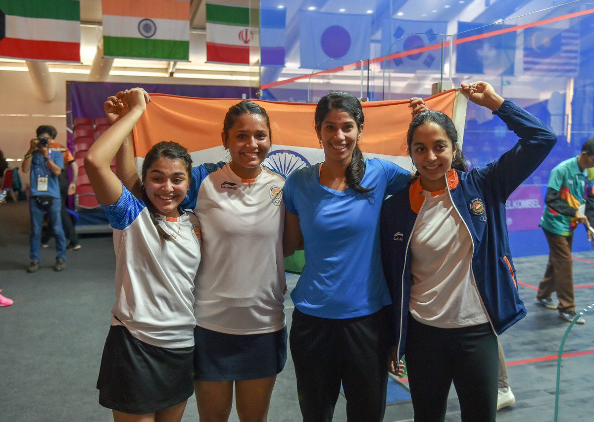 narendramodi's tweet photo. Congratulations to our women’s squash team for the Silver in the team event. Their success is extremely gladdening. #AsianGames2018 https://t.co/yzUYCs2aLq