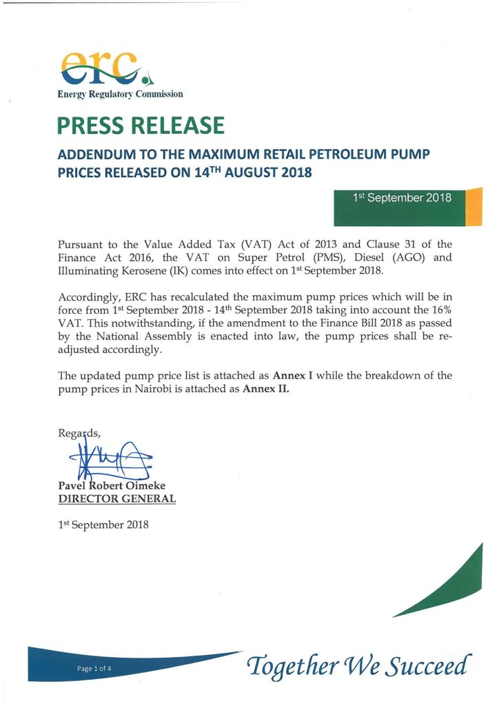 petrokenyaOil's tweet photo. Accordingly, ERC has recalculated the maximum pump prices that will be in force from 1st - 14th September 2018 taking into account the 16% VAT. 

ERC announces that petrol in Nairobi will retail at KES 127.80 per litre; diesel, KES 115.08 and Kerosene KES 97.41. https://t.co/pDSvSorfWR