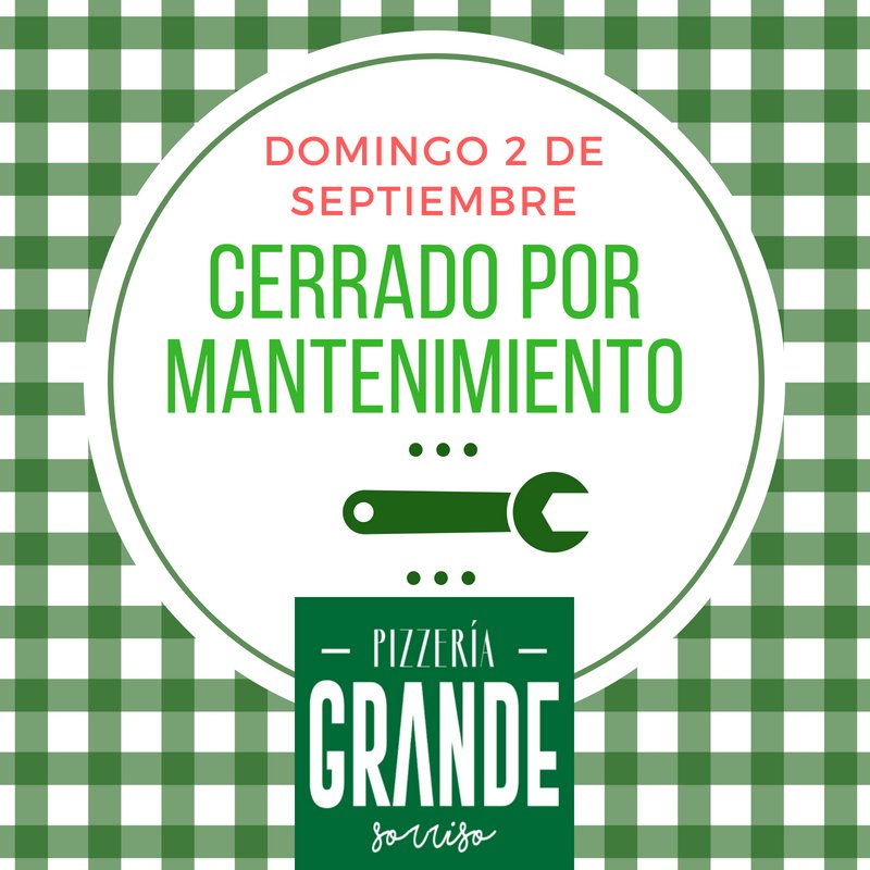 Para dar mantenimiento a nuestro horno ♨️
cerramos mañana domingo 2 de septiembre.
Te esperamos hoy o a partir del lunes, 
en nuestros horarios habituales:
SABADO 12:30 a 20:00
LUN-MAR 12:30 a 22:00
MIE-VIE 12:30 a 23:00
👉 pizzeriagrande.com.mx