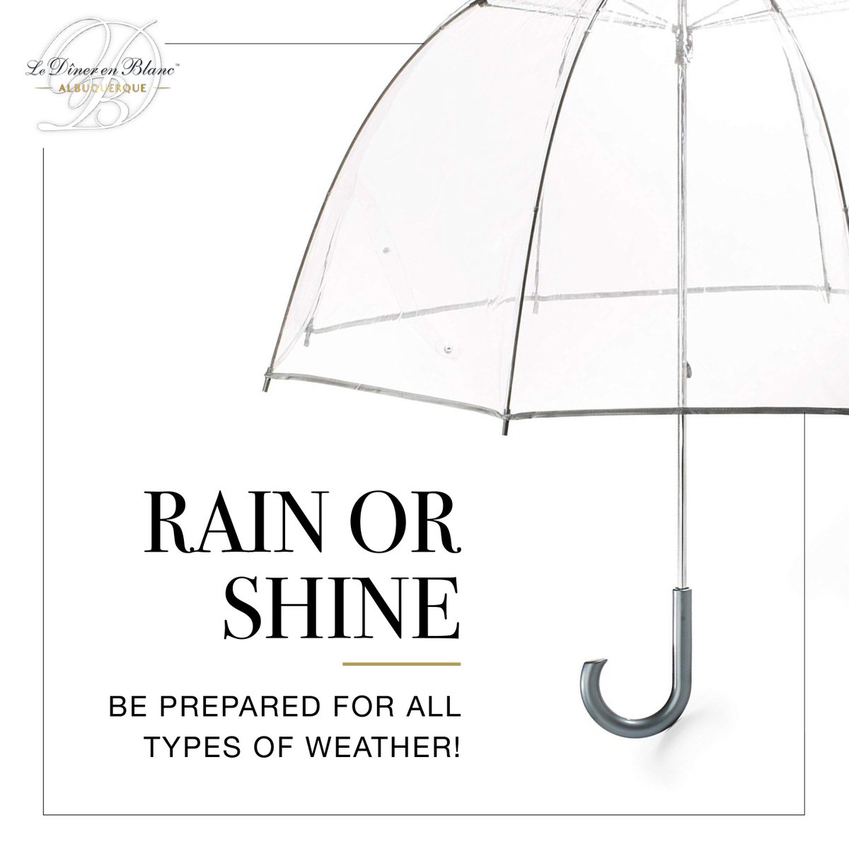 DinerEnBlancABQ's tweet photo. Do you have your white or clear poncho or umbrella ready ? Remember, DEB is a 'Rain or Shine' event - it will not be cancelled or postponed because of bad weather. #DEBabq #DEBabq2018 #DEBabqfifthanniversary #DEBalbuquerque2018 #LeDinerEnBlanc #LeDinerEnBlanc2018 #ABQweather https://t.co/5j2b2cIiaw