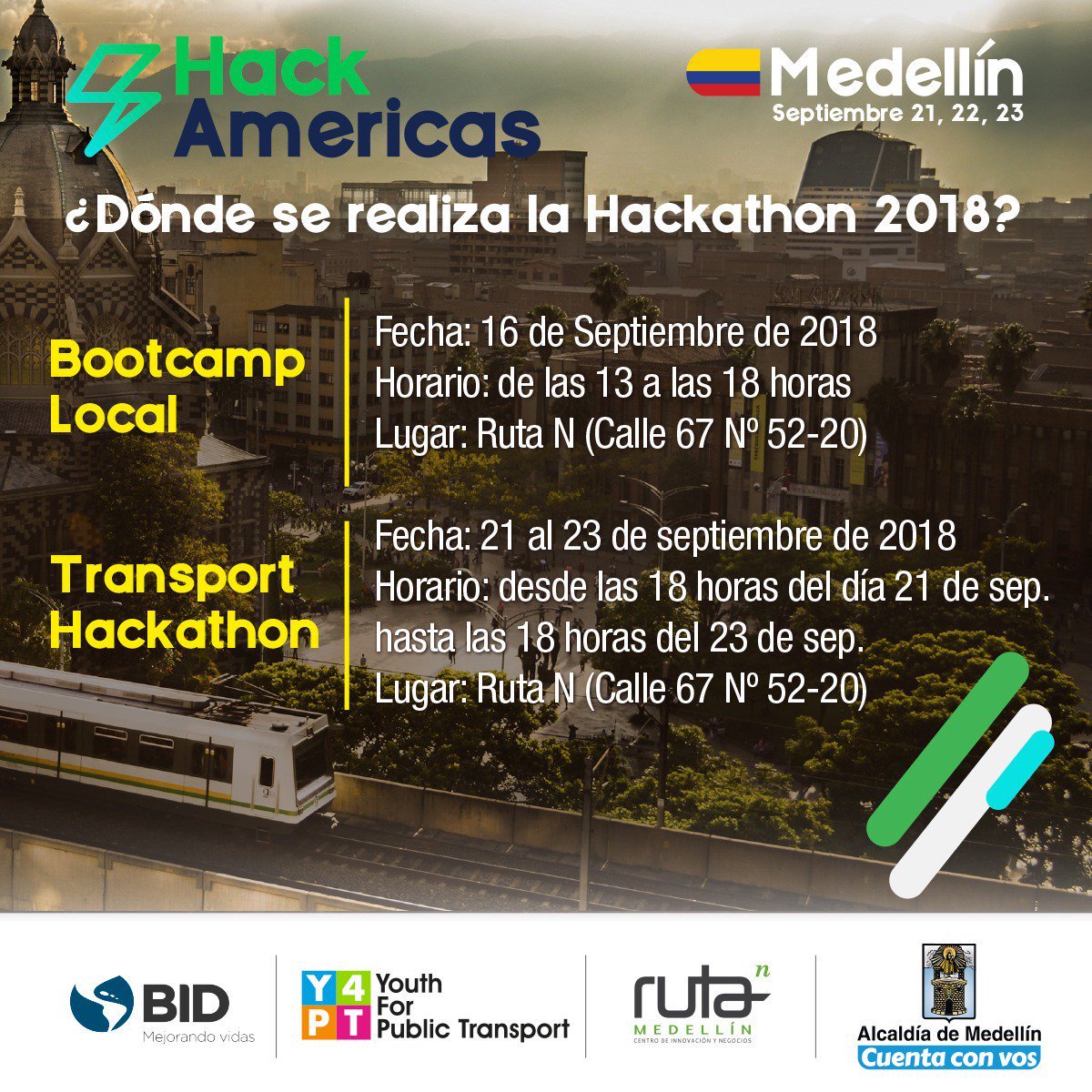 AlcaldiadeMed's tweet photo. No te pierdas #Hacknaton2018, el concurso más importante de innovación gratuito que llega a Medellín. Si quieres contribuir al transporte sostenible de la ciudad esto es para ti. 👇🏽 @sttmed @Ruta_N https://t.co/h7vDj9XADO