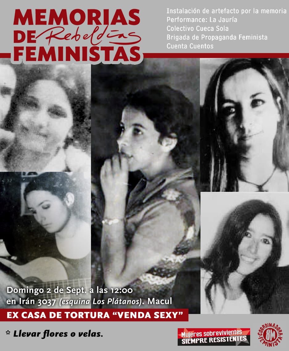 Coordinadora8m's tweet photo. 📢 MAÑANA domingo 2 de septiembre te esperamos para el acto conmemorativo en ex casa de tortura “La Venda Sexy” ¡No olvides llevar velas y/o flores! https://t.co/tVlOaOJcvi