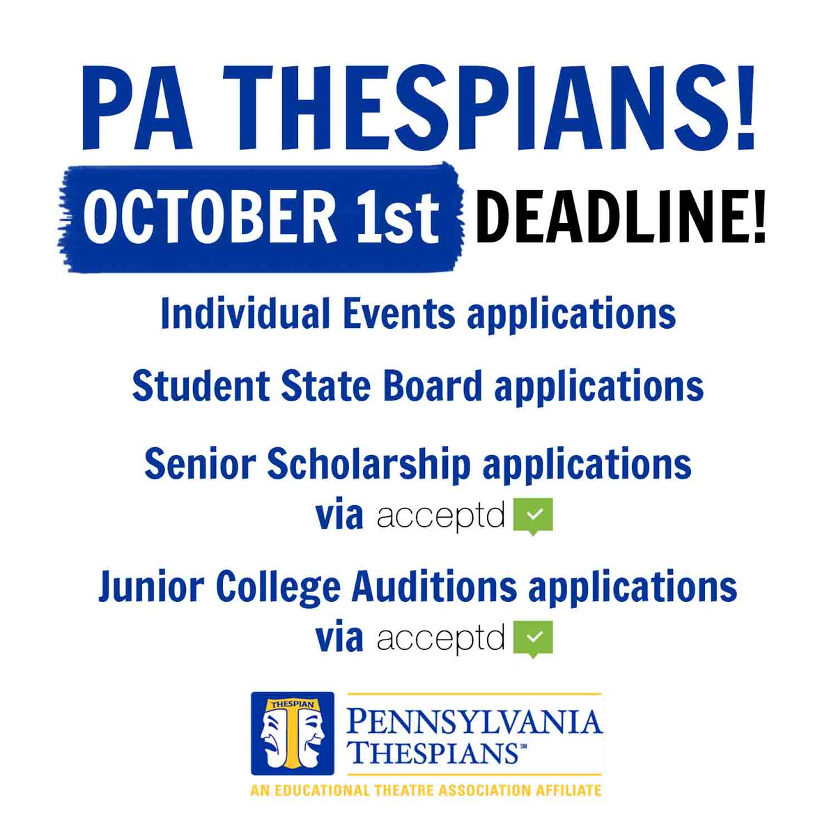 PAThespians's tweet photo. ATTENTION STUDENTS! New Deadline Alert! Check out our website for the details: https://t.co/nlUbqoVZgT https://t.co/UbgMrat7ow