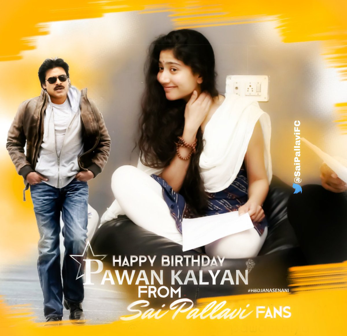 ManobalaV's tweet photo. A beautiful common DP from #SaiPallavi fans for the celebration of Powerstar @PawanKalyan's birthday.

#HBDJanasenaniPawanKalyan #HBDPSPKFromSaiPallaviFans https://t.co/0RapQUJcYD