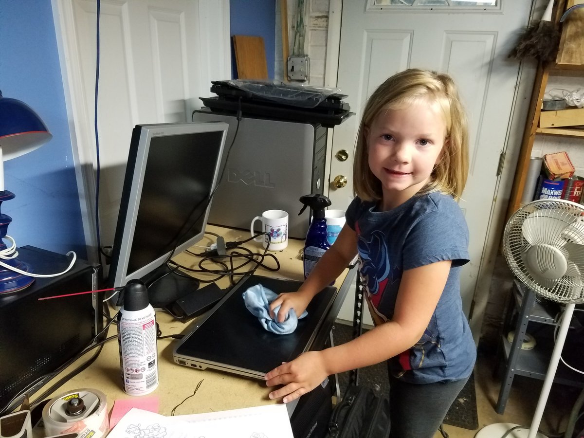 mabartle's tweet image. 6 laptops going out the door today!  And I had a little help in the lab this morning.  #CEFK  #computerequipmentforkids.org #shippingday